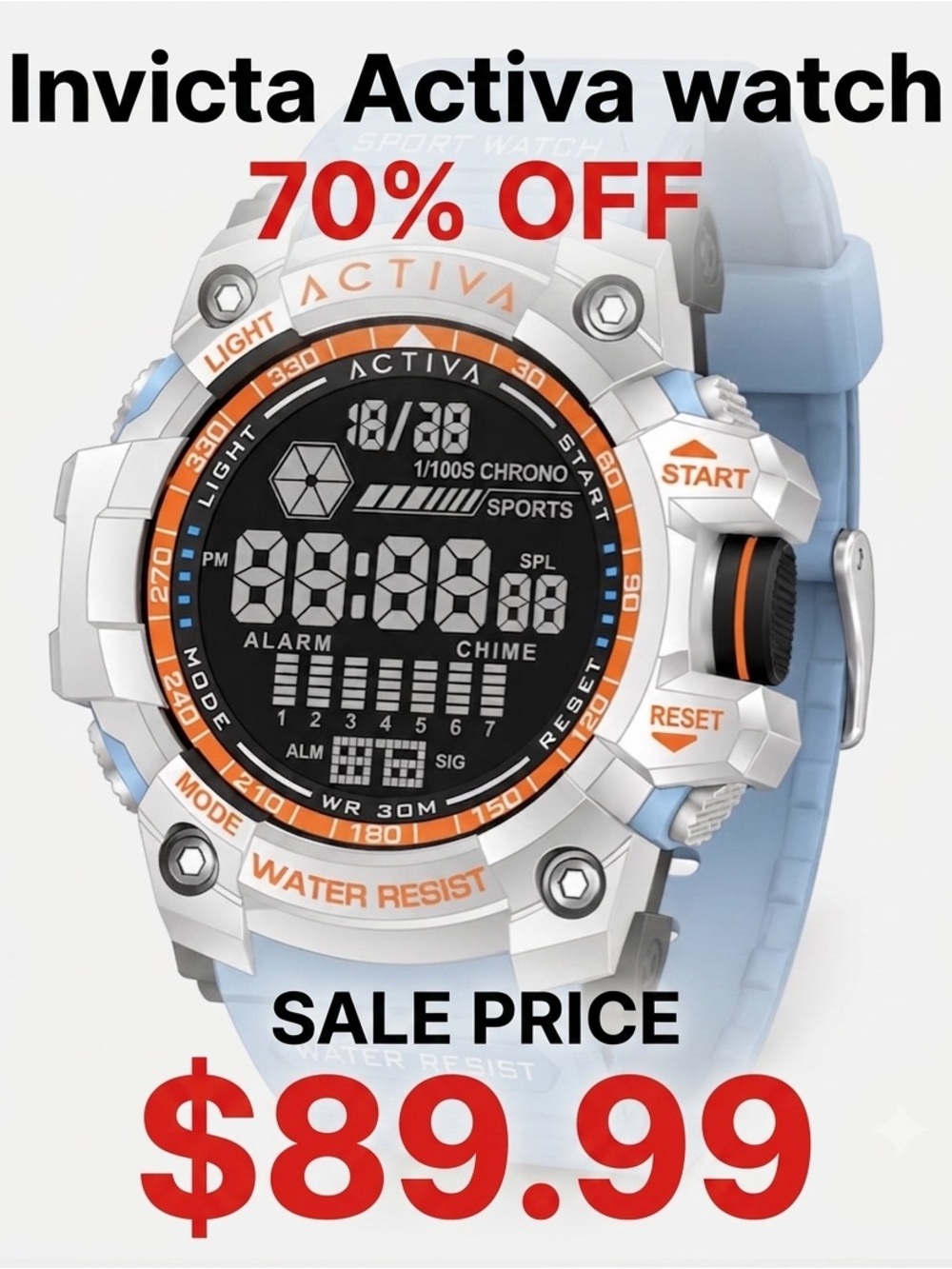 Ativa Light Blue and White Digital Sports Watch with Orange Accents